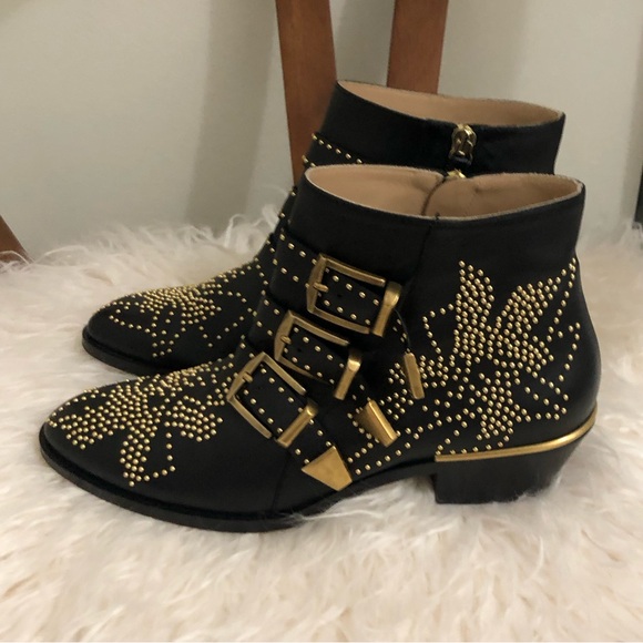 💥 CHLOE Susanna Bootie Black Leather Gold Studs Sz 36.5 - Picture 4 of 12